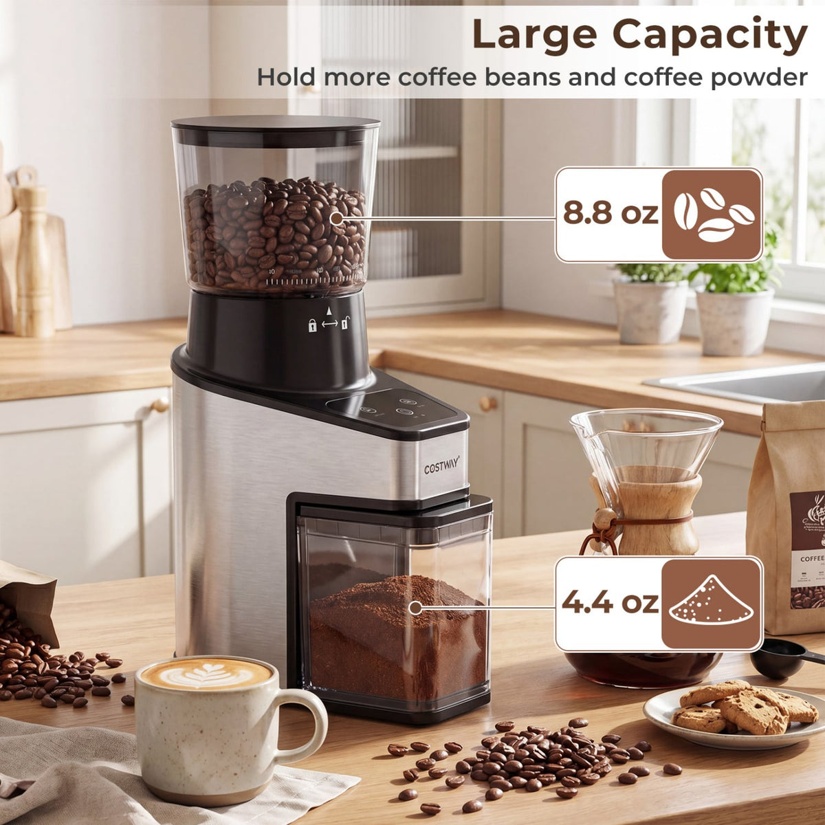 Conical Burr Coffee Grinder with 60 Precise Grinding Settings and Digital Display-Silver-Juicers & Coffee Machines-DECOROLALA
