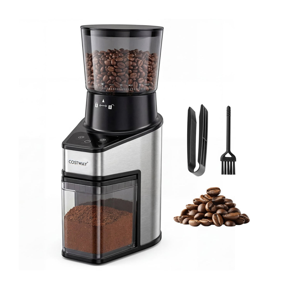 Conical Burr Coffee Grinder with 60 Precise Grinding Settings and Digital Display-Silver-Juicers & Coffee Machines-DECOROLALA