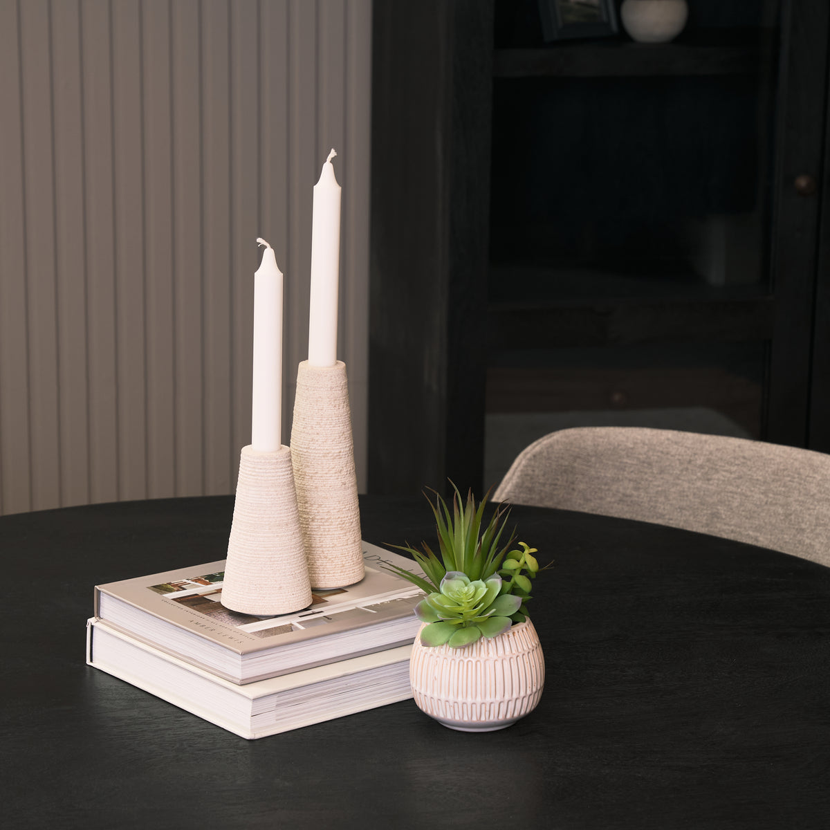 Cono Off-White Marble Cone Candle Holders (Set of 2)-Candle Holders-DECOROLALA