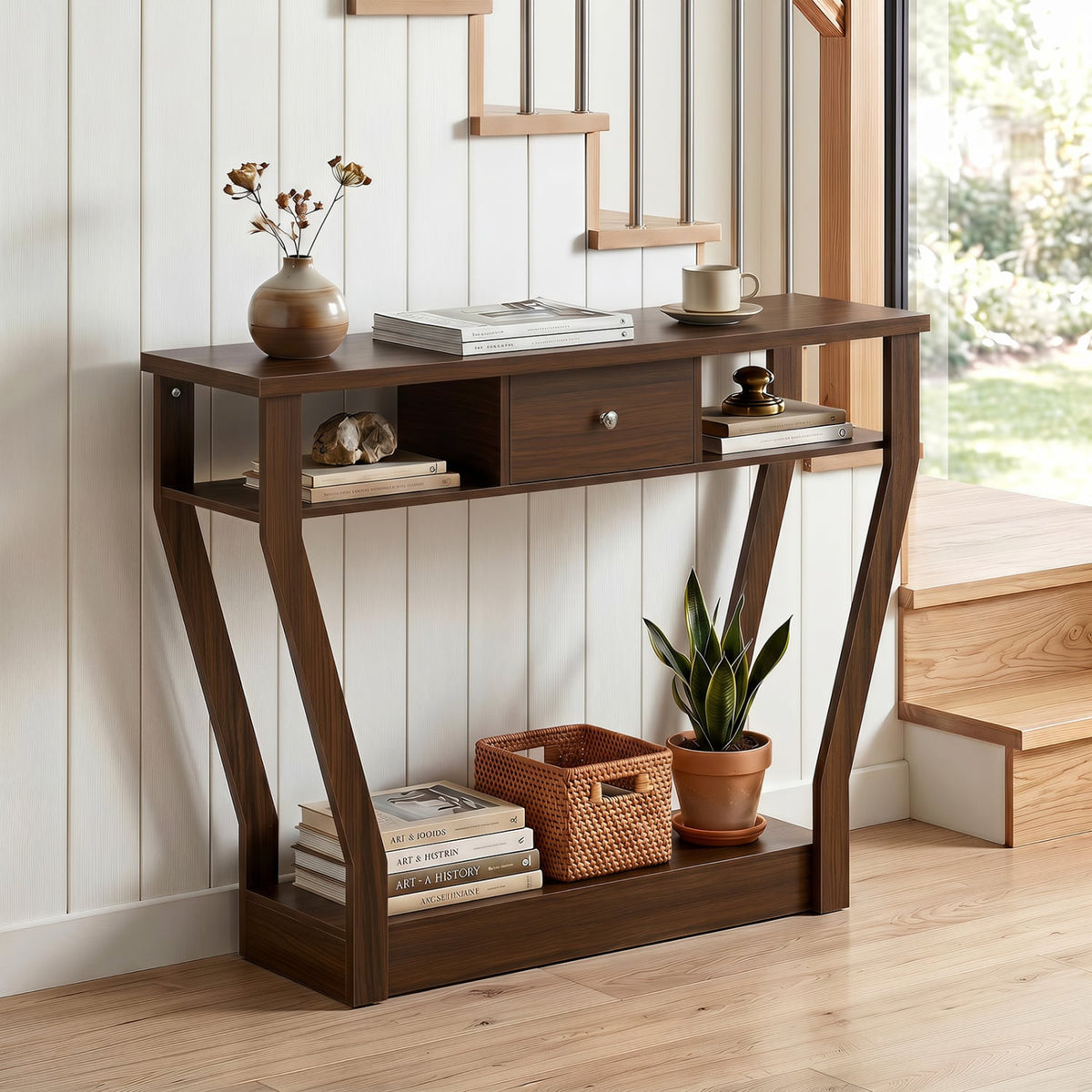 Console Hall Table with Storage Drawer and Shelf-Walnut-Console Tables-DECOROLALA