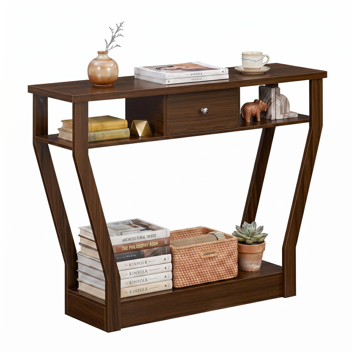 Console Hall Table with Storage Drawer and Shelf-Walnut-Console Tables-DECOROLALA