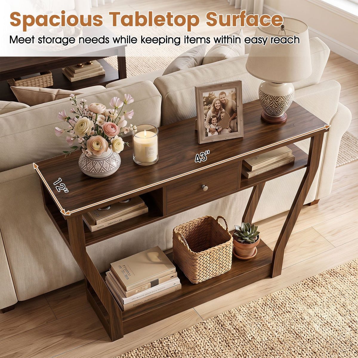 Console Hall Table with Storage Drawer and Shelf-Walnut-Console Tables-DECOROLALA