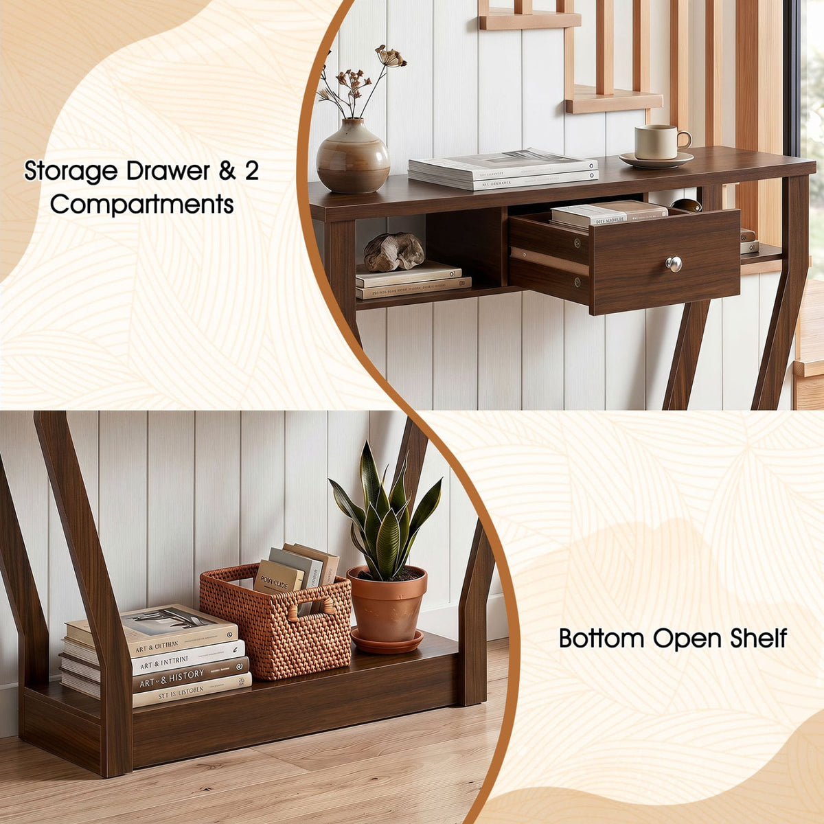 Console Hall Table with Storage Drawer and Shelf-Walnut-Console Tables-DECOROLALA