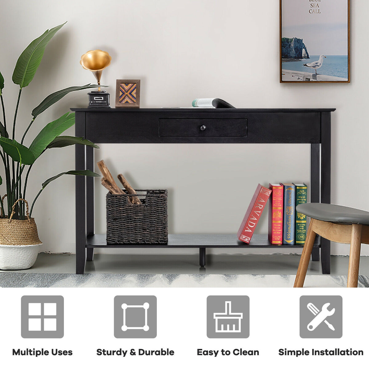 Console Sofa Side Accent Table with Drawer Shelf-Black-Console Tables-DECOROLALA
