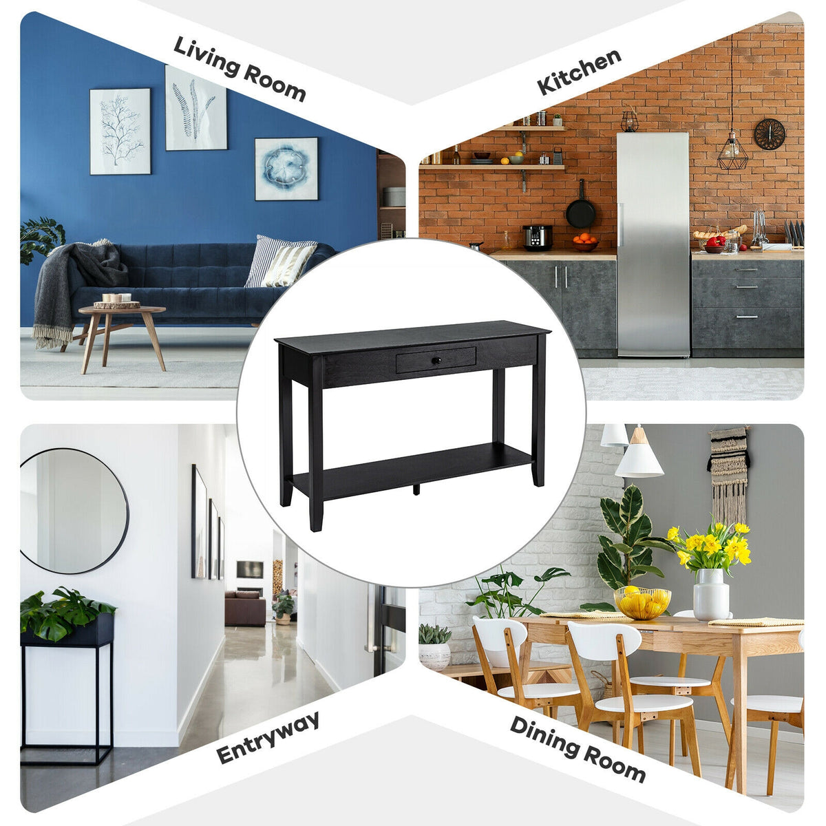 Console Sofa Side Accent Table with Drawer Shelf-Black-Console Tables-DECOROLALA