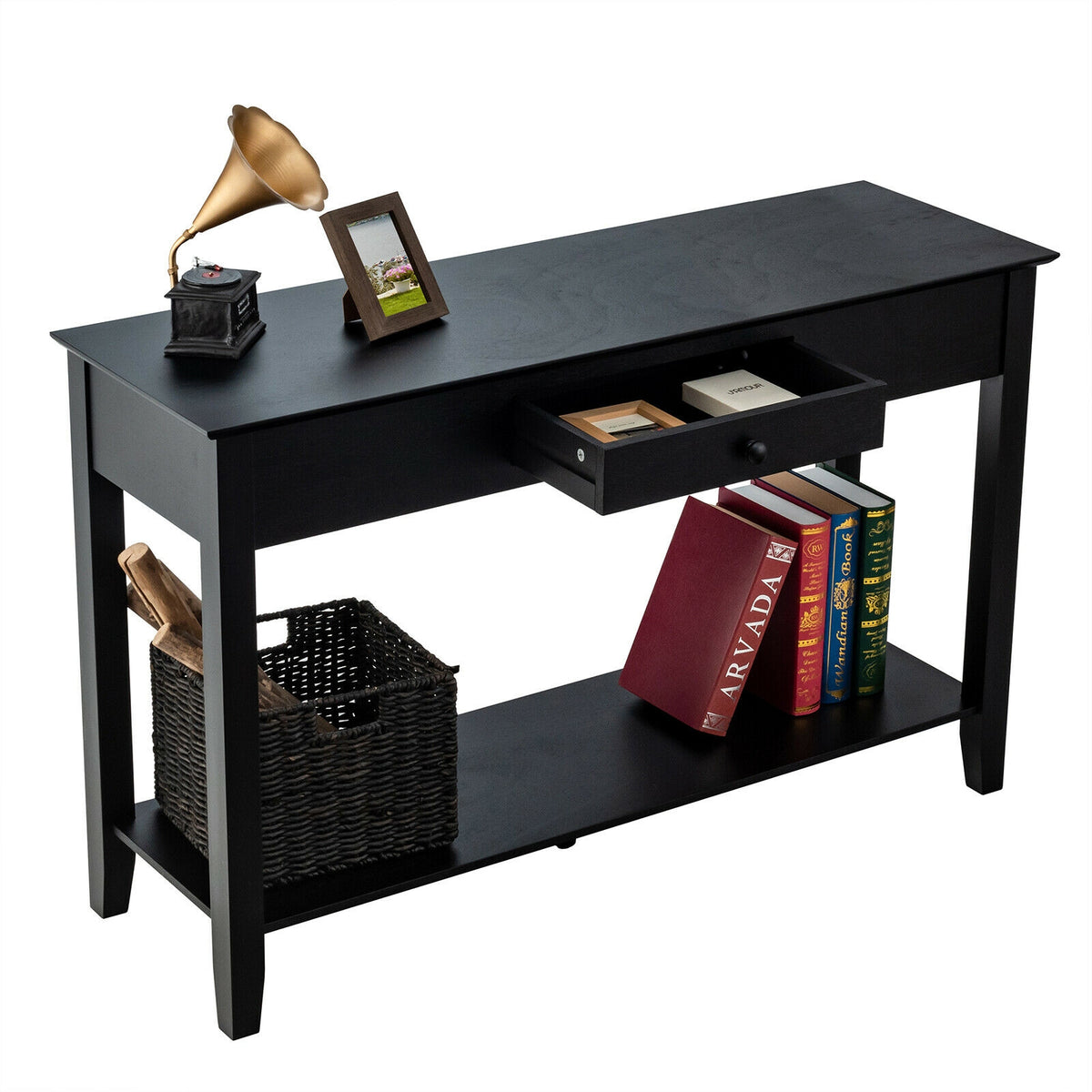 Console Sofa Side Accent Table with Drawer Shelf-Black-Console Tables-DECOROLALA