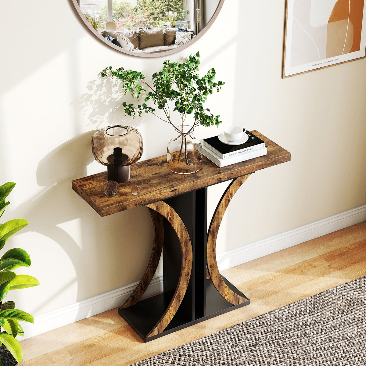 Console Table 39.5 Inch Rectangular Entryway Table with Geometric Frame-Rustic Brown-Console Tables-DECOROLALA