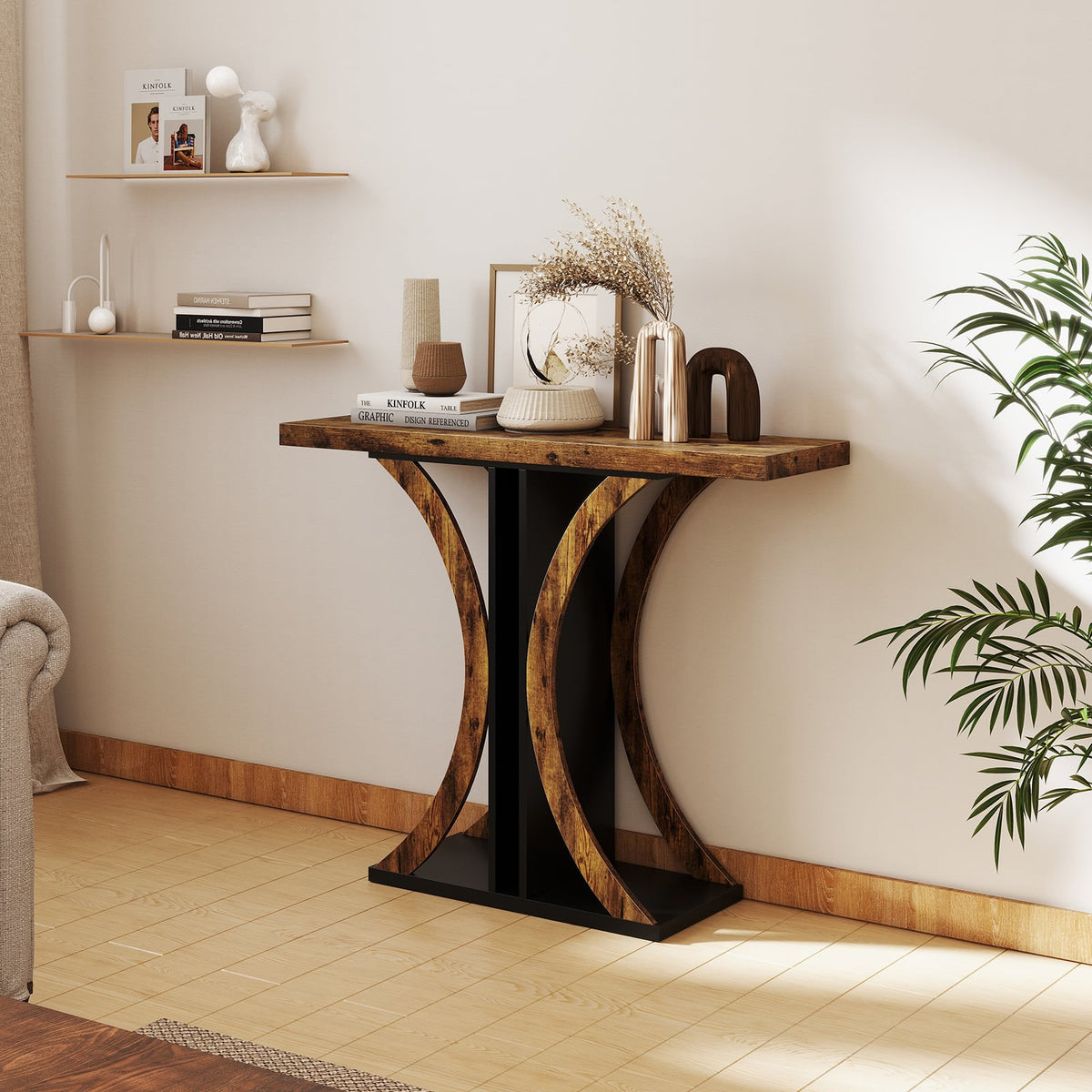 Console Table 39.5 Inch Rectangular Entryway Table with Geometric Frame-Rustic Brown-Console Tables-DECOROLALA