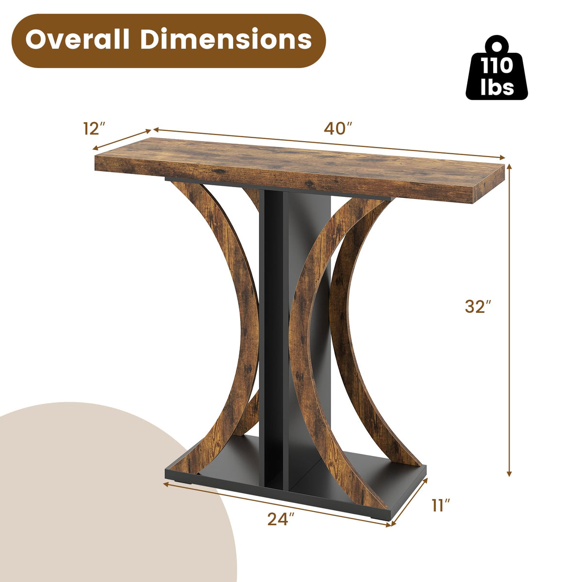 Console Table 39.5 Inch Rectangular Entryway Table with Geometric Frame-Rustic Brown-Console Tables-DECOROLALA