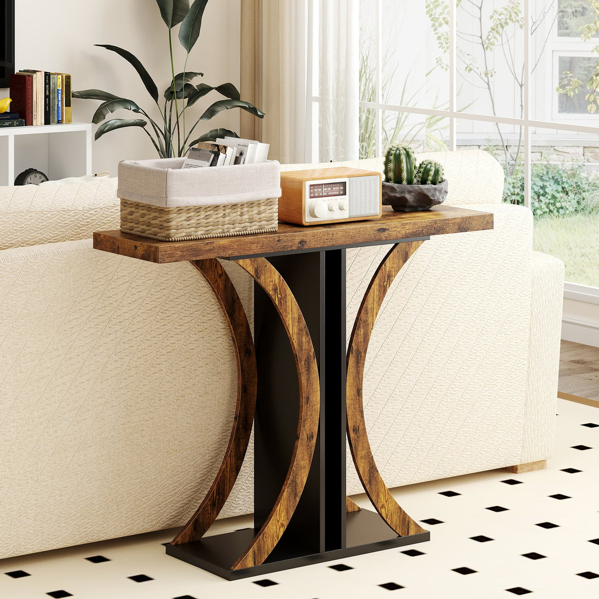 Console Table 39.5 Inch Rectangular Entryway Table with Geometric Frame-Rustic Brown-Console Tables-DECOROLALA