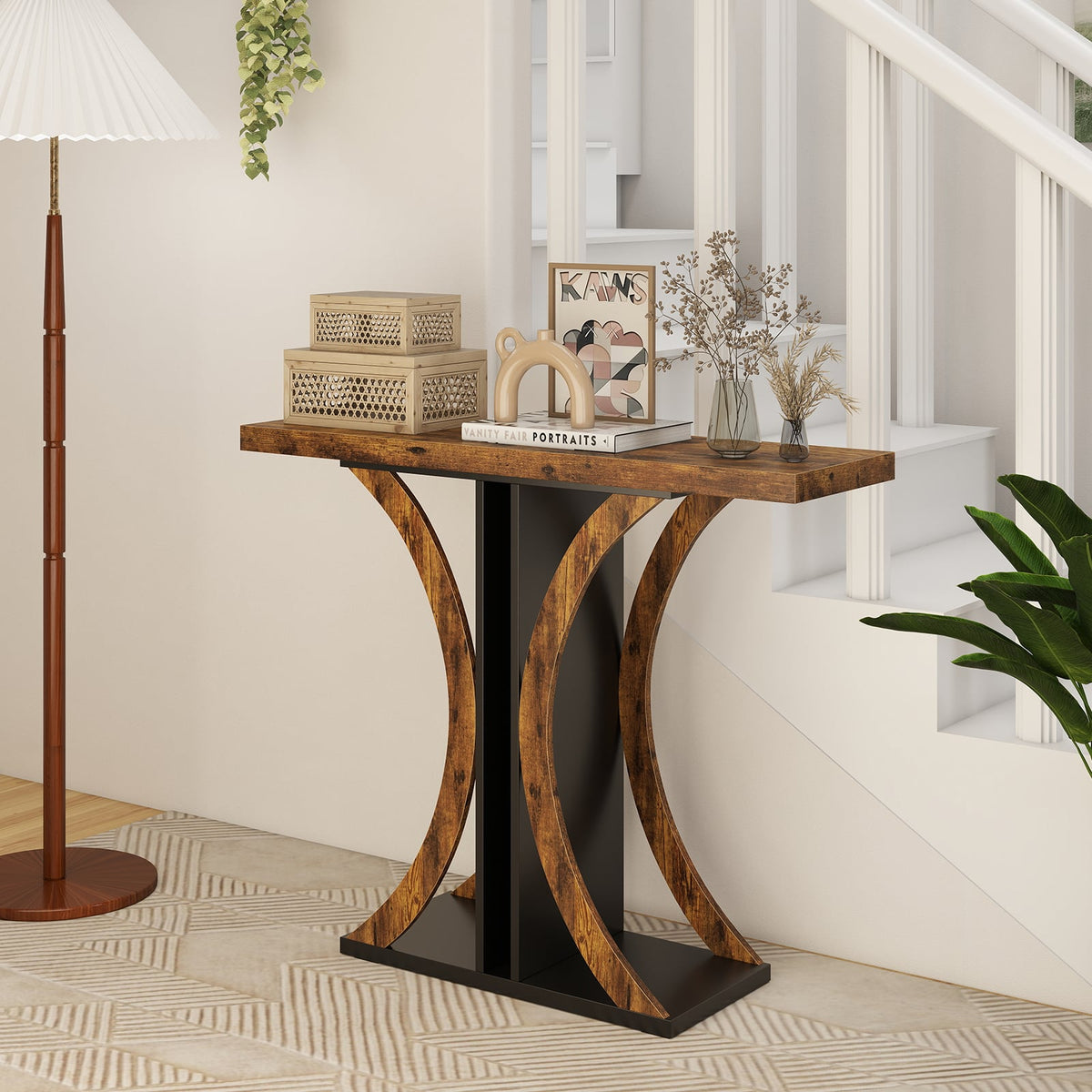 Console Table 39.5 Inch Rectangular Entryway Table with Geometric Frame-Rustic Brown-Console Tables-DECOROLALA