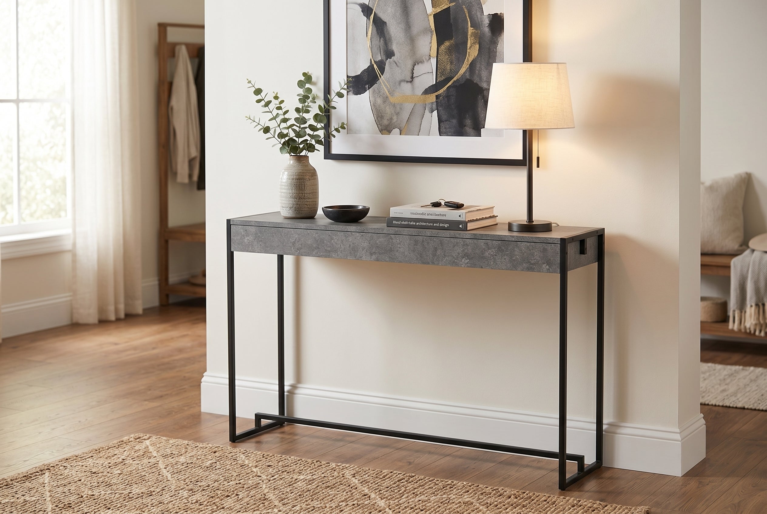 Console Table 47" Dark Cement Black Metal-Consoles-DECOROLALA