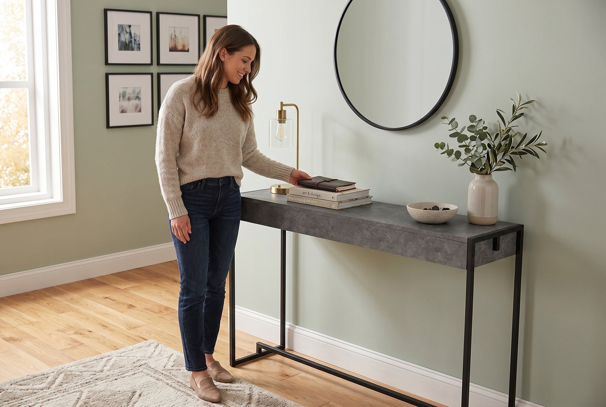 Console Table 47" Dark Cement Black Metal-Consoles-DECOROLALA