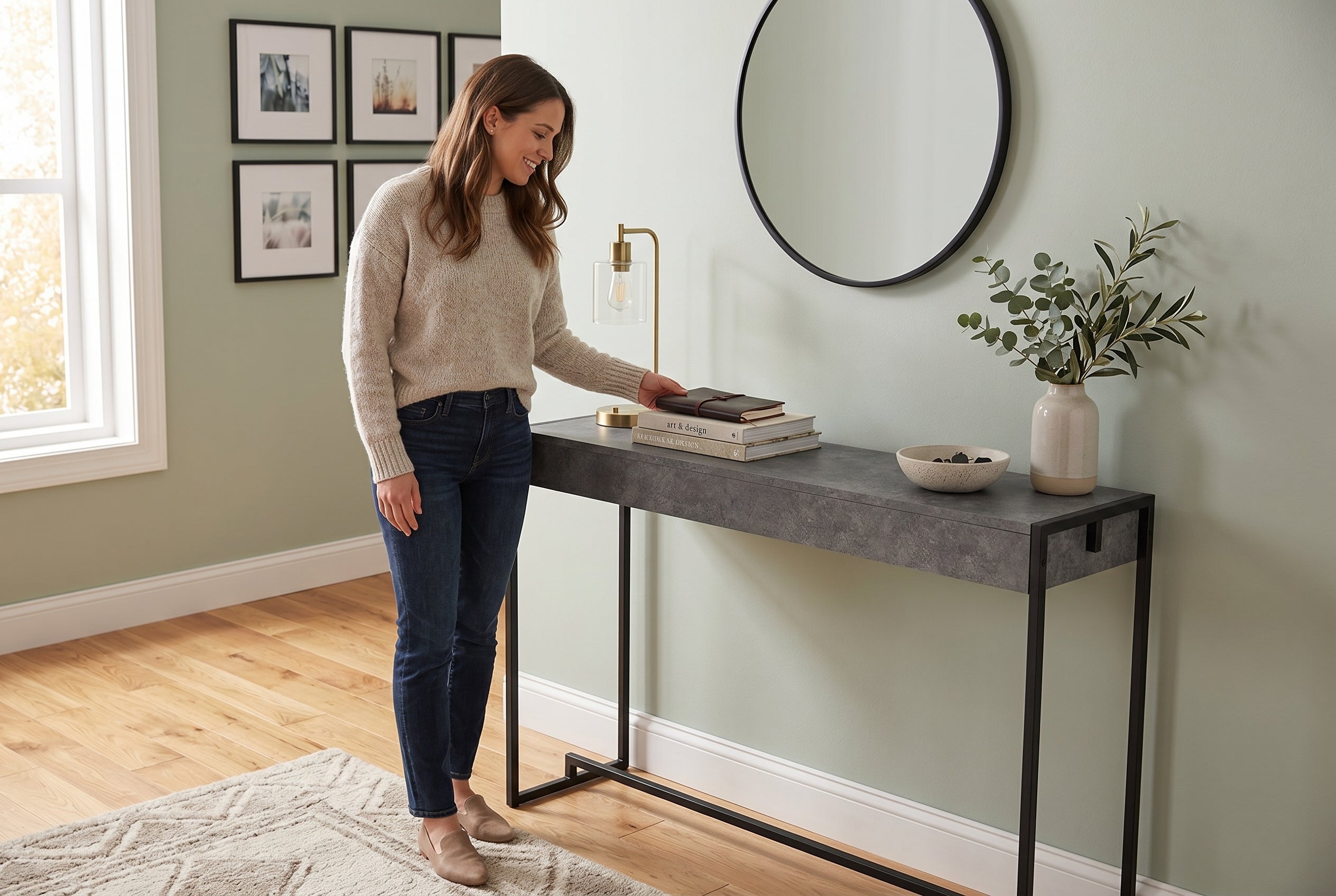 Console Table 47" Dark Cement Black Metal-Consoles-DECOROLALA