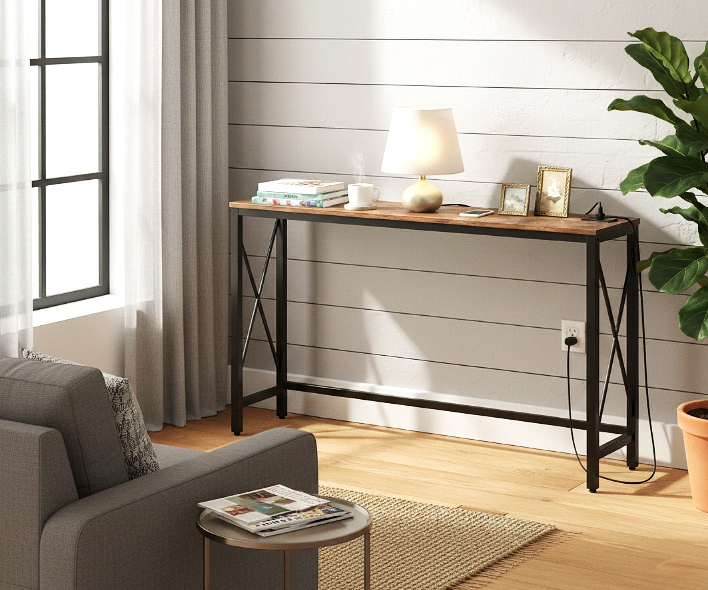 Console Table 55" Brown Reclaimed Wood Charging Station-Consoles-DECOROLALA