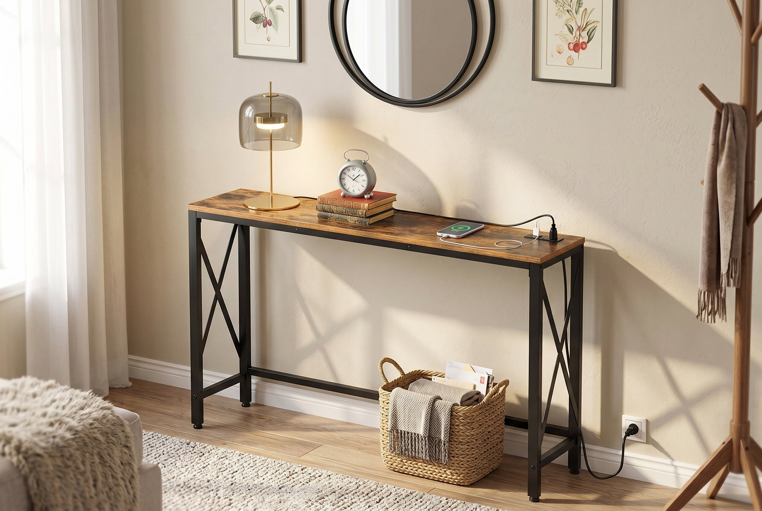 Console Table 55" Brown Reclaimed Wood Charging Station-Consoles-DECOROLALA