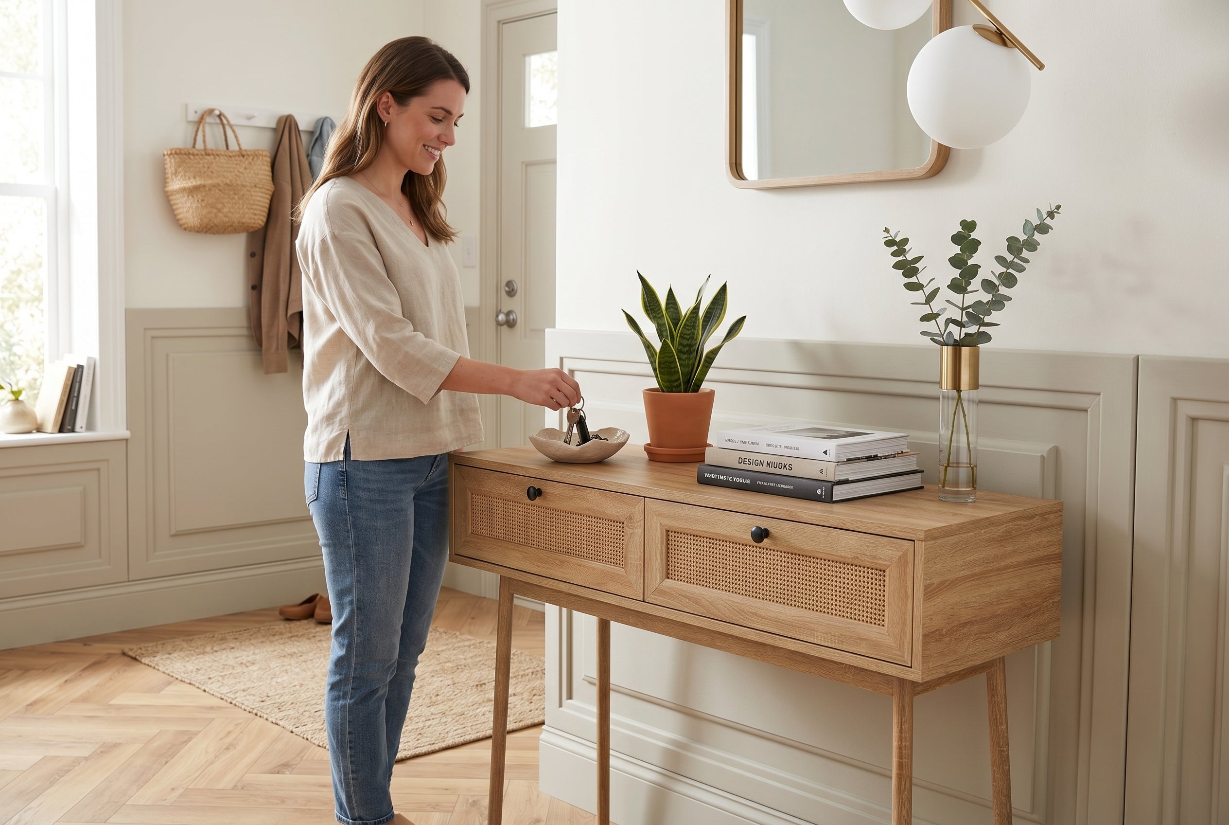 Console Table Brown Wood Look Drawers-Consoles-DECOROLALA