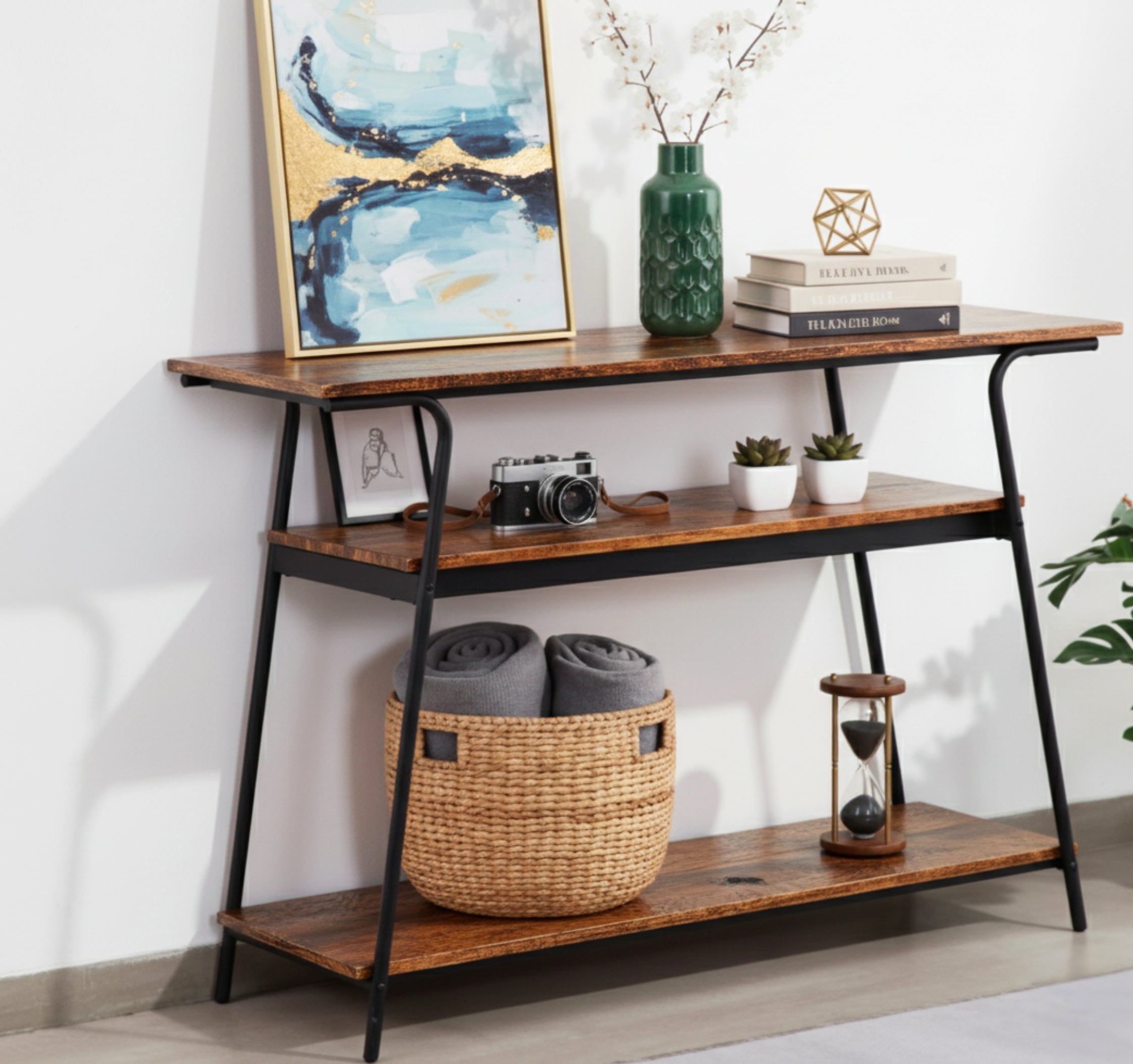 Console Table Reclaimed Wood Black Metal 3-Tier-Consoles-DECOROLALA