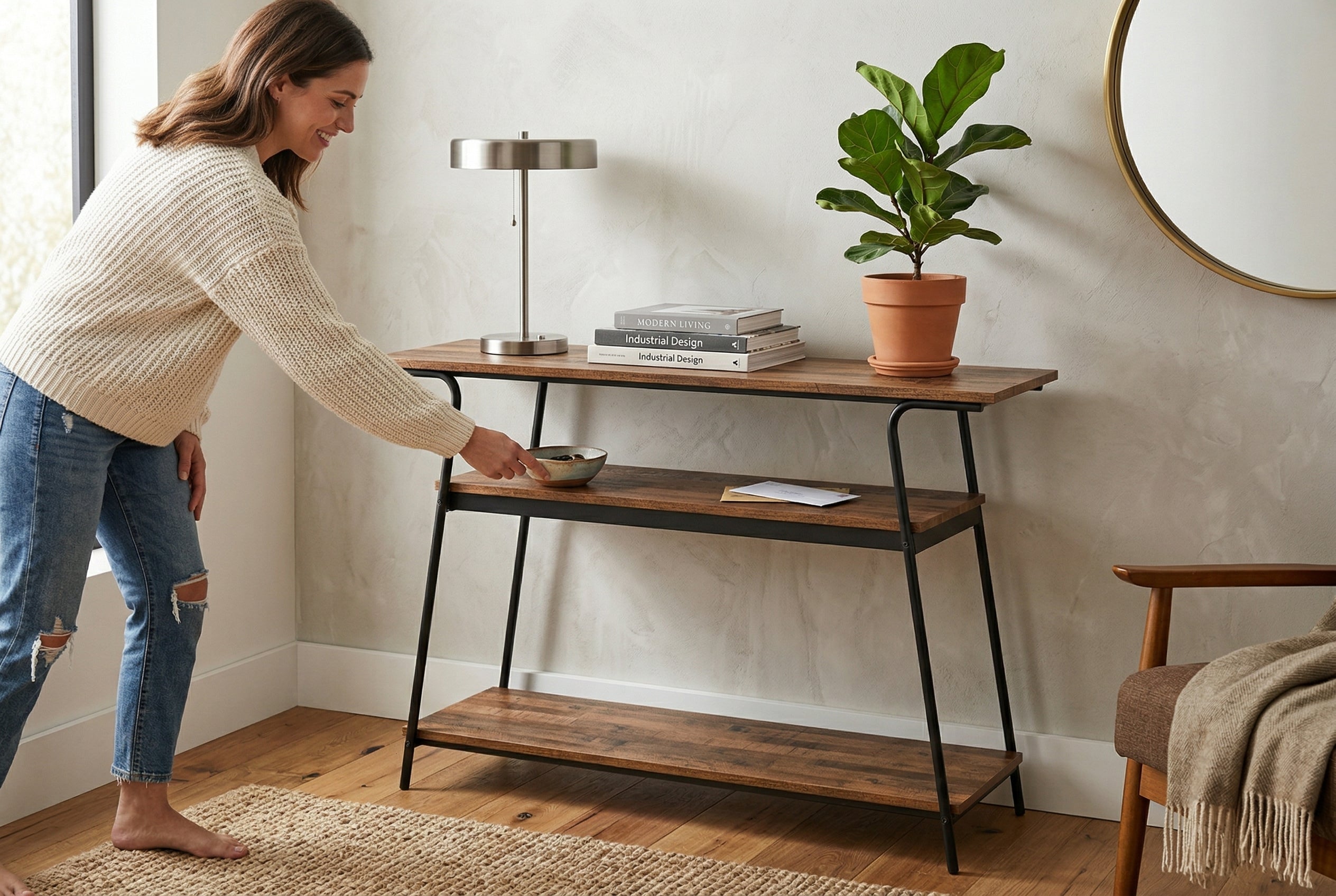 Console Table Reclaimed Wood Black Metal 3-Tier-Consoles-DECOROLALA