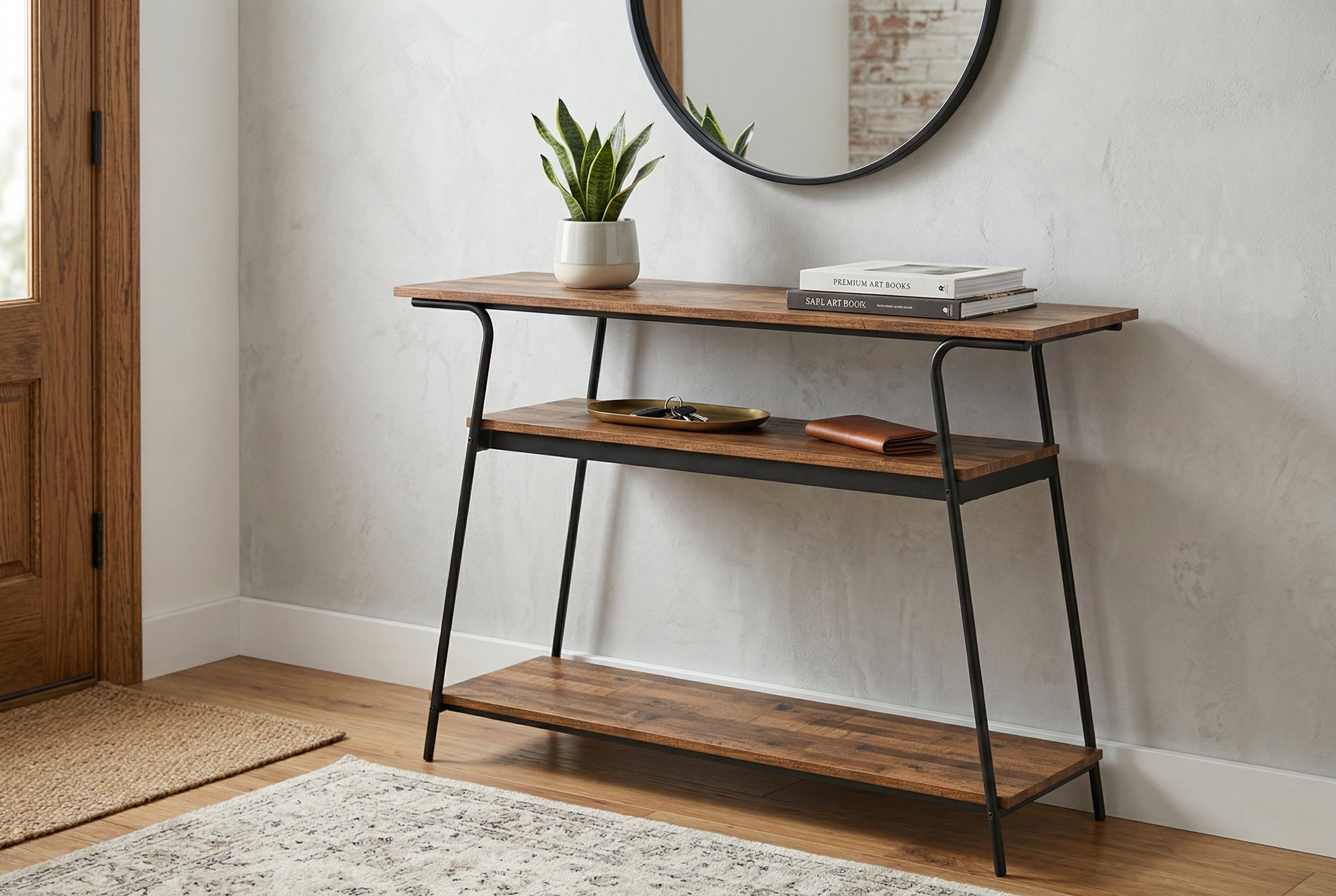 Console Table Reclaimed Wood Black Metal 3-Tier-Consoles-DECOROLALA