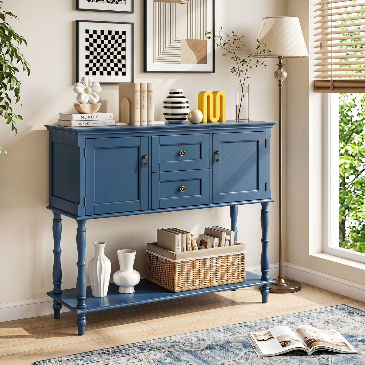 Console Table with 2 Drawers and 2 Door Cabinets and Bottom Storage Shelf-Blue-Console Tables-DECOROLALA