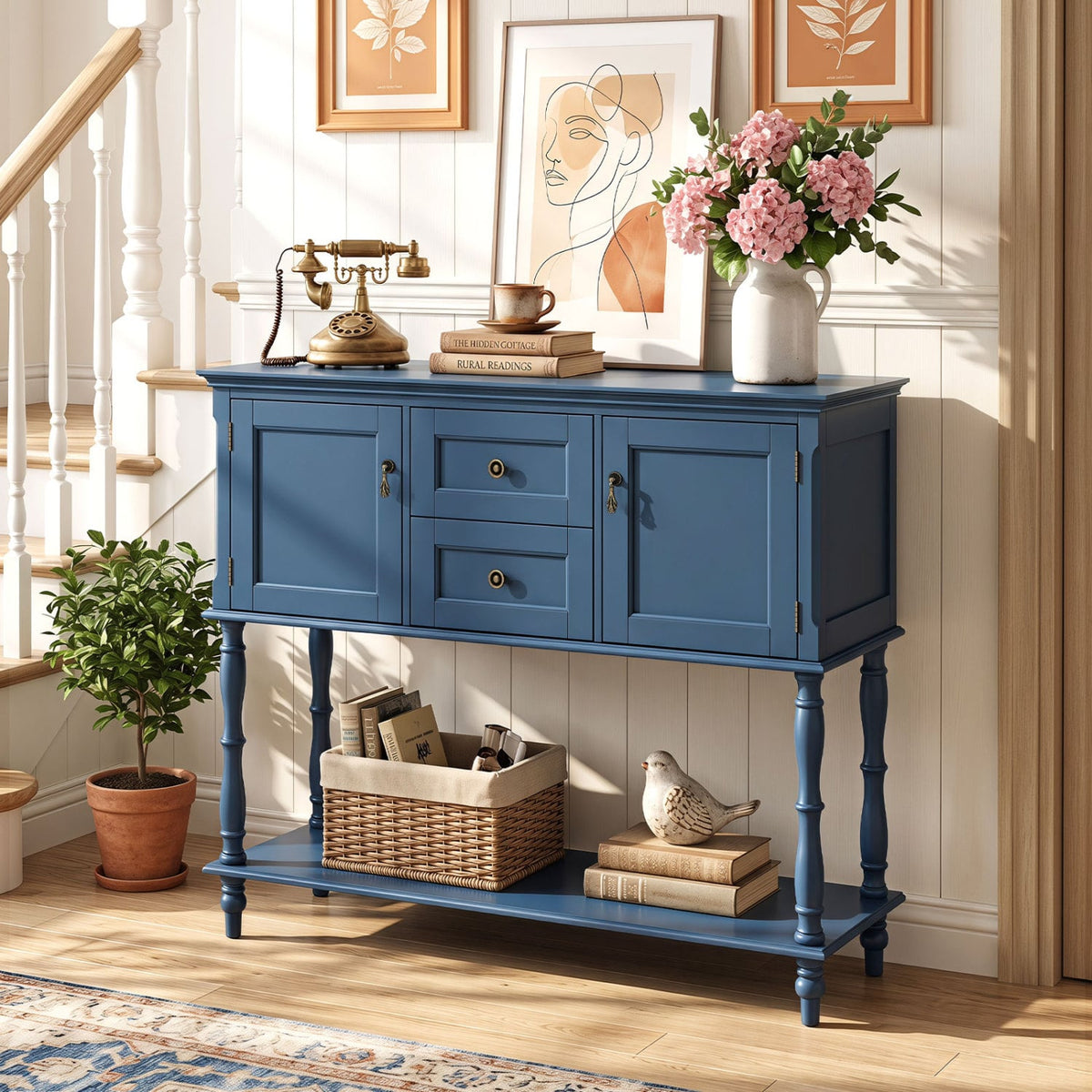 Console Table with 2 Drawers and 2 Door Cabinets and Bottom Storage Shelf-Blue-Console Tables-DECOROLALA