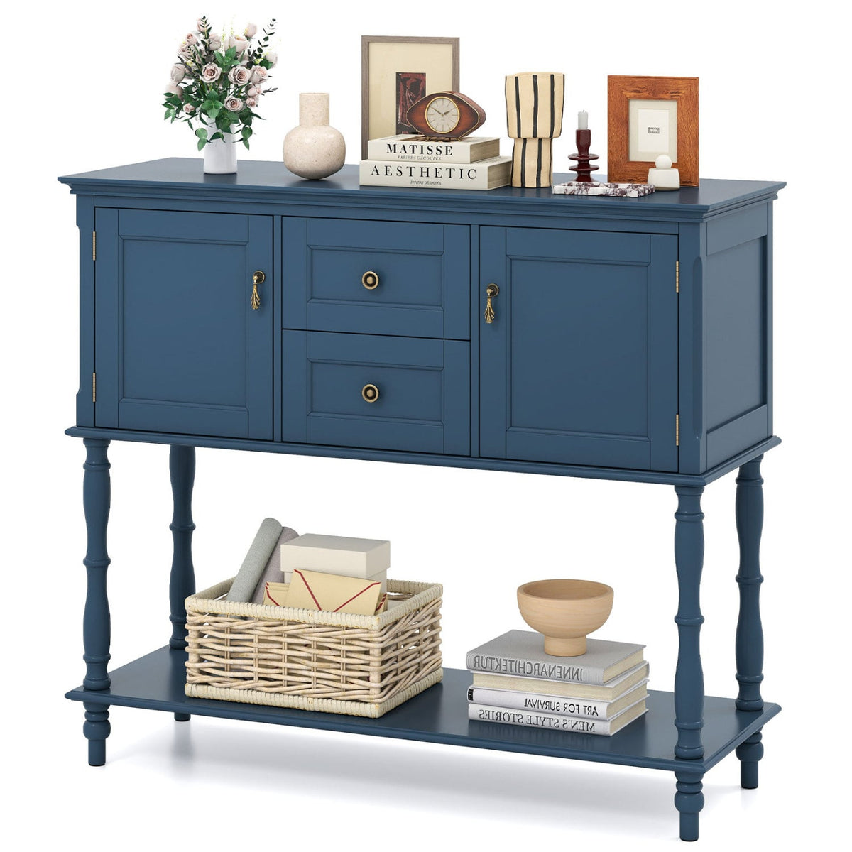 Console Table with 2 Drawers and 2 Door Cabinets and Bottom Storage Shelf-Blue-Console Tables-DECOROLALA