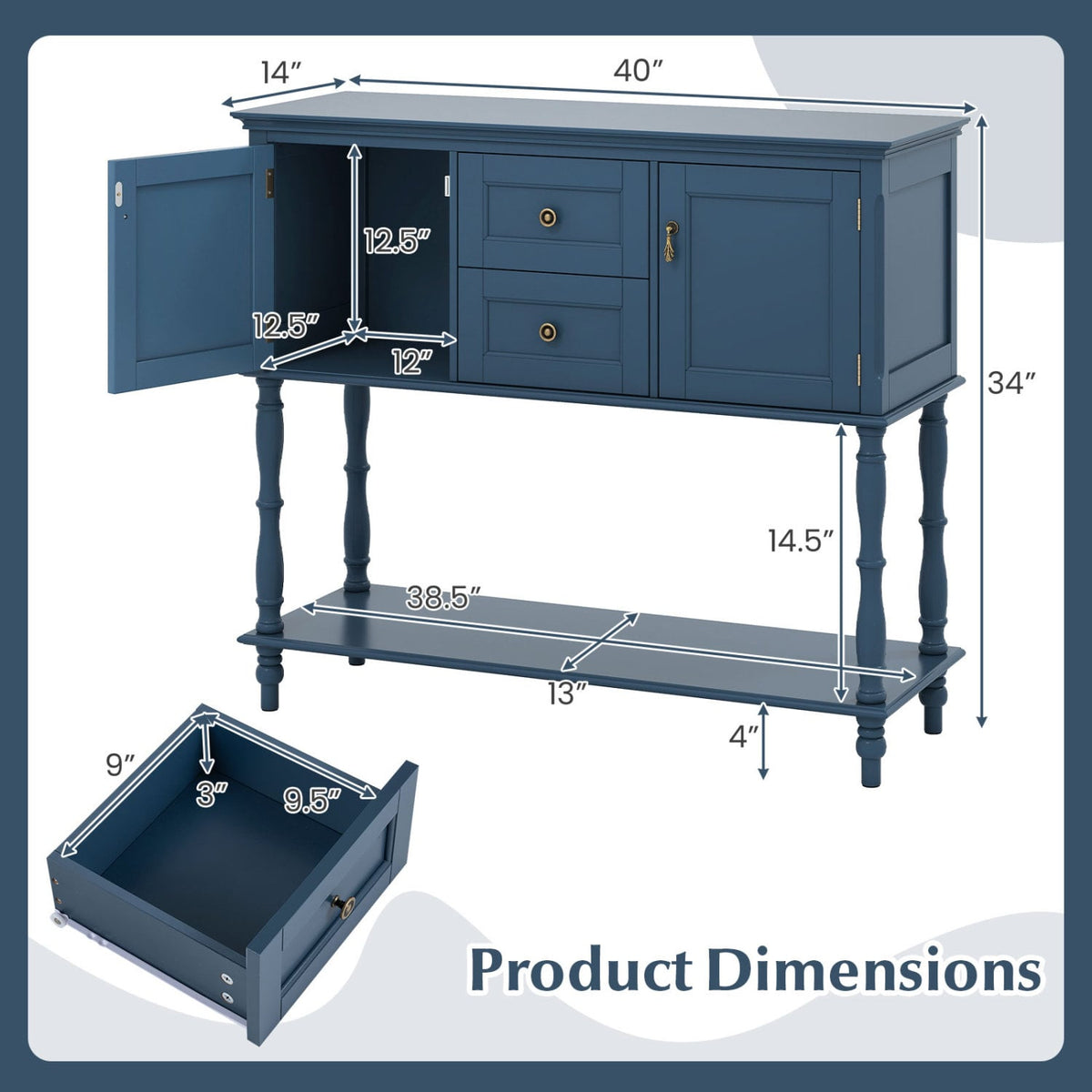 Console Table with 2 Drawers and 2 Door Cabinets and Bottom Storage Shelf-Blue-Console Tables-DECOROLALA