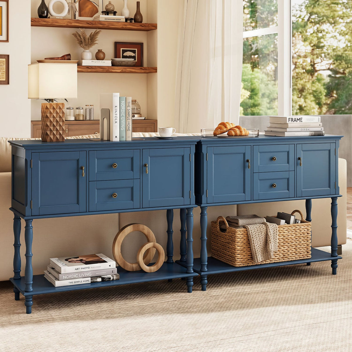 Console Table with 2 Drawers and 2 Door Cabinets and Bottom Storage Shelf-Blue-Console Tables-DECOROLALA
