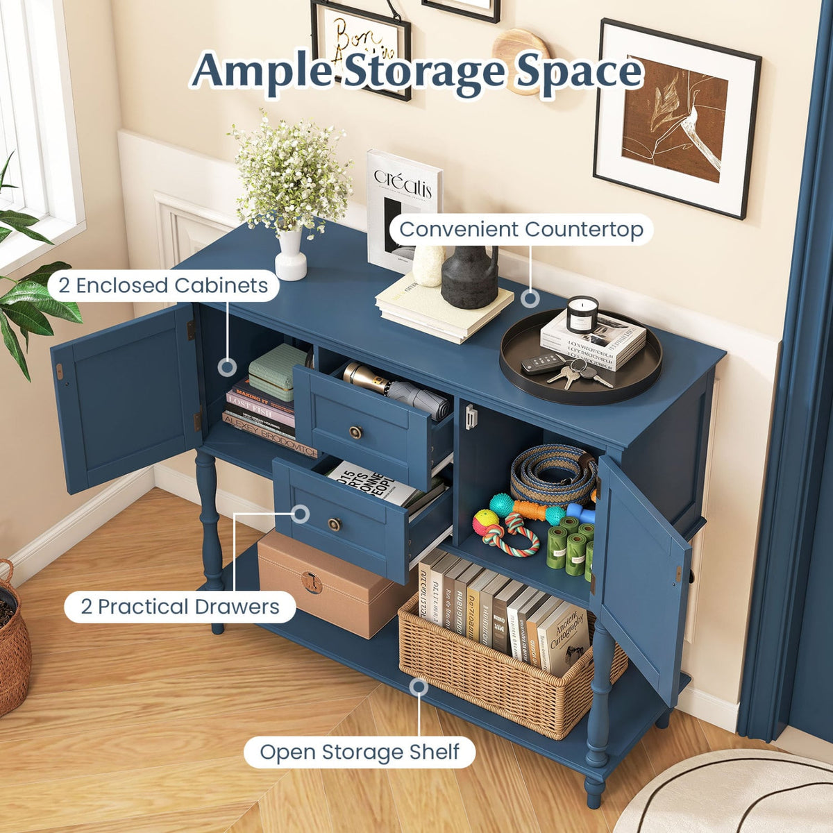 Console Table with 2 Drawers and 2 Door Cabinets and Bottom Storage Shelf-Blue-Console Tables-DECOROLALA