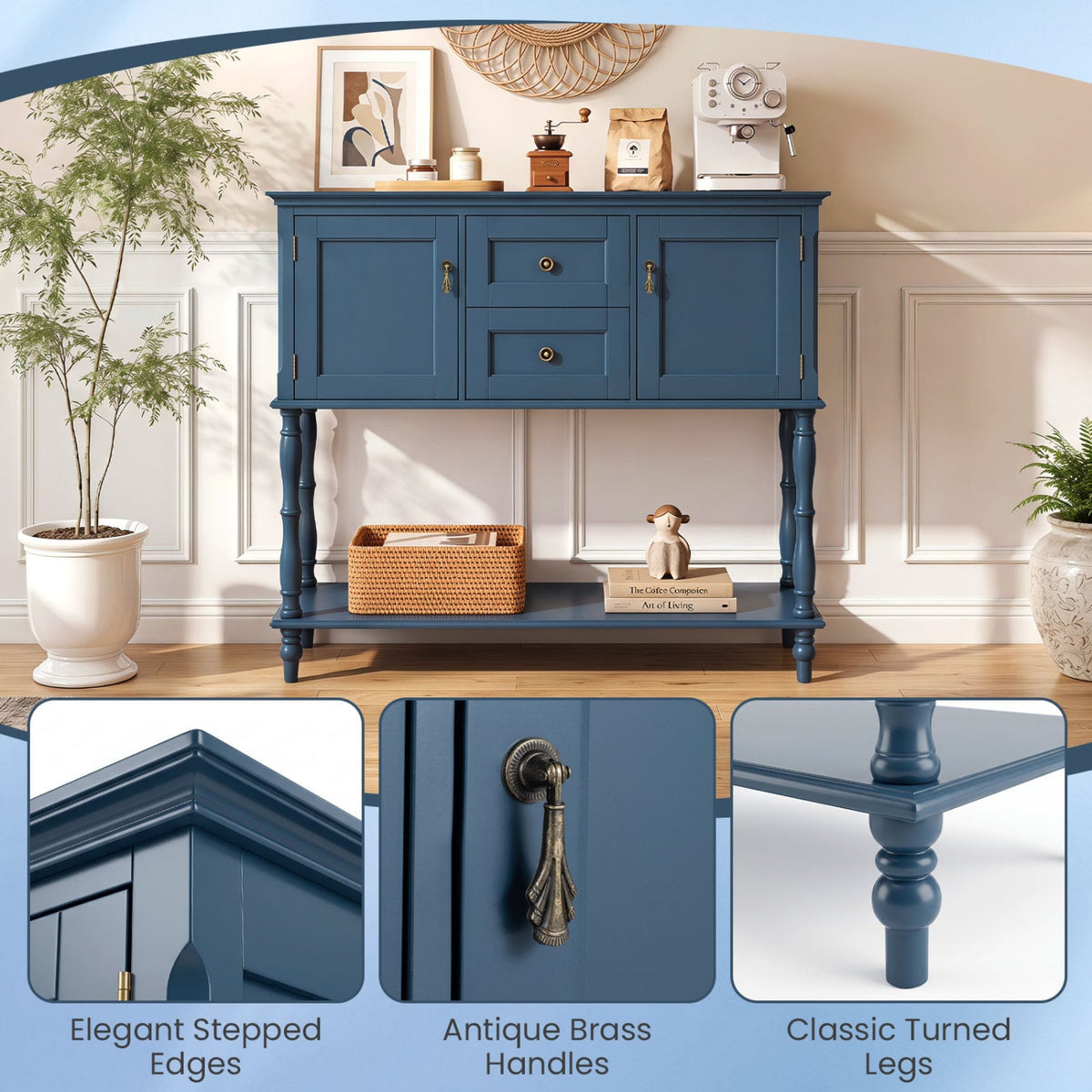 Console Table with 2 Drawers and 2 Door Cabinets and Bottom Storage Shelf-Blue-Console Tables-DECOROLALA