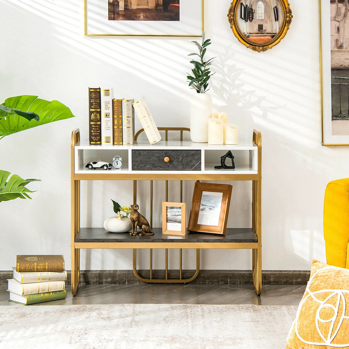 Console Table with Drawer Storage Shelf Wide Tabletop-White-Console Tables-DECOROLALA