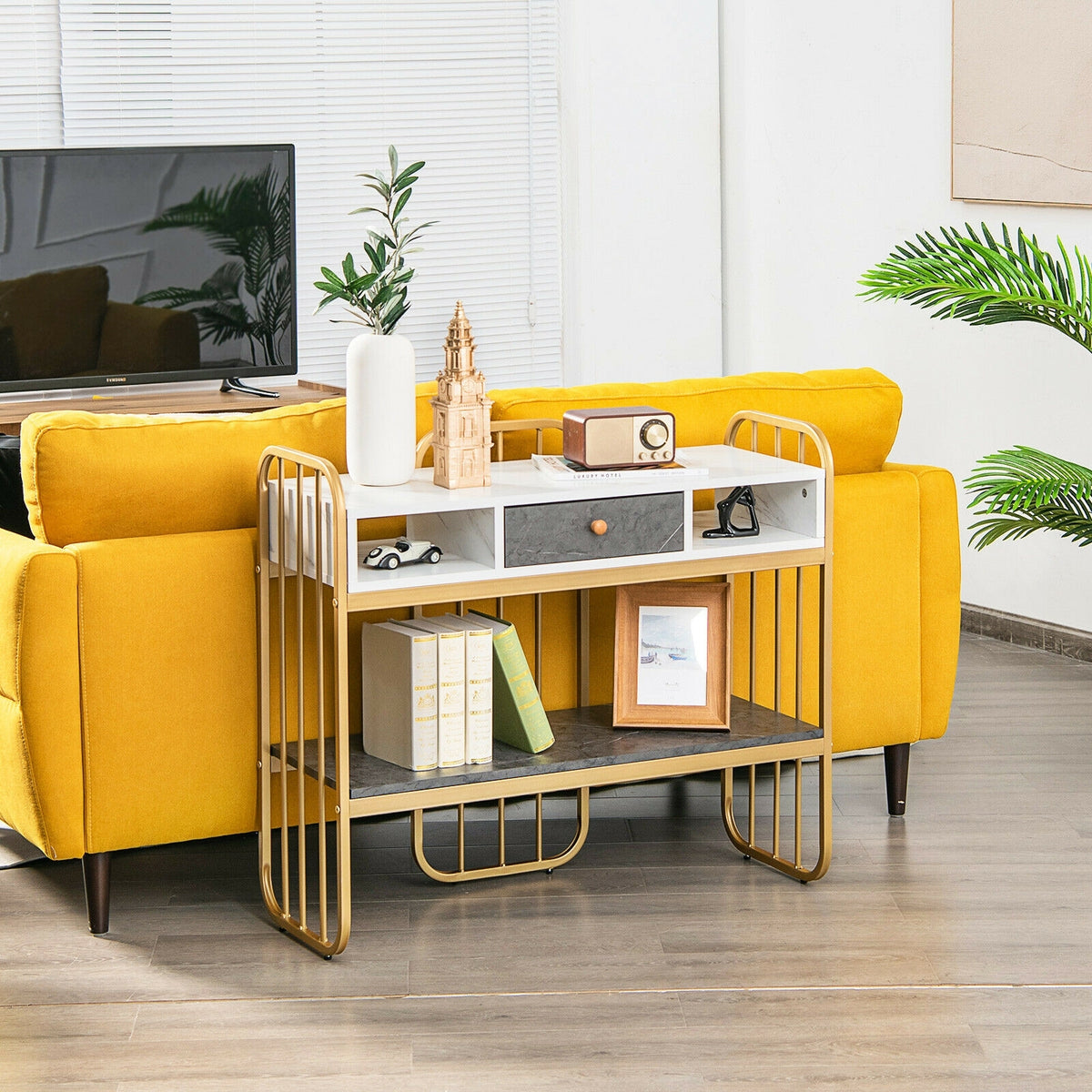 Console Table with Drawer Storage Shelf Wide Tabletop-White-Console Tables-DECOROLALA