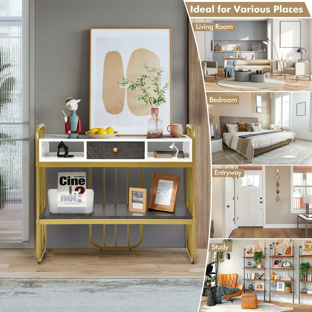 Console Table with Drawer Storage Shelf Wide Tabletop-White-Console Tables-DECOROLALA