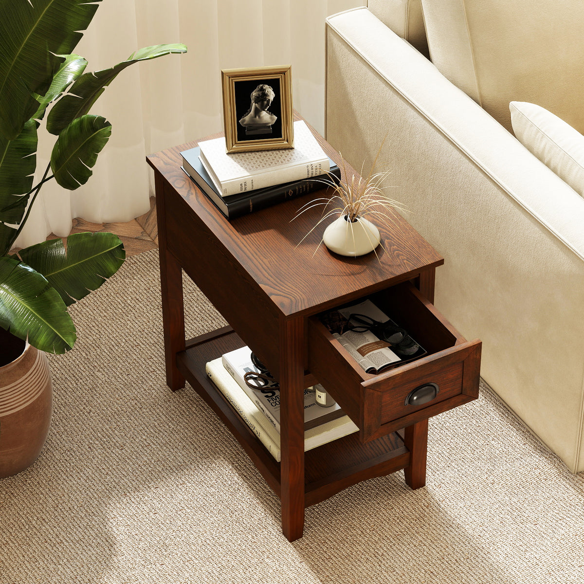 Contemporary Chair Side End Table Compact Table with Drawer Nightstand-Natural-End & Side Tables-DECOROLALA