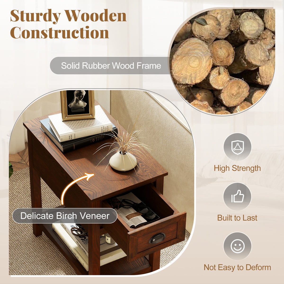 Contemporary Chair Side End Table Compact Table with Drawer Nightstand-Natural-End & Side Tables-DECOROLALA