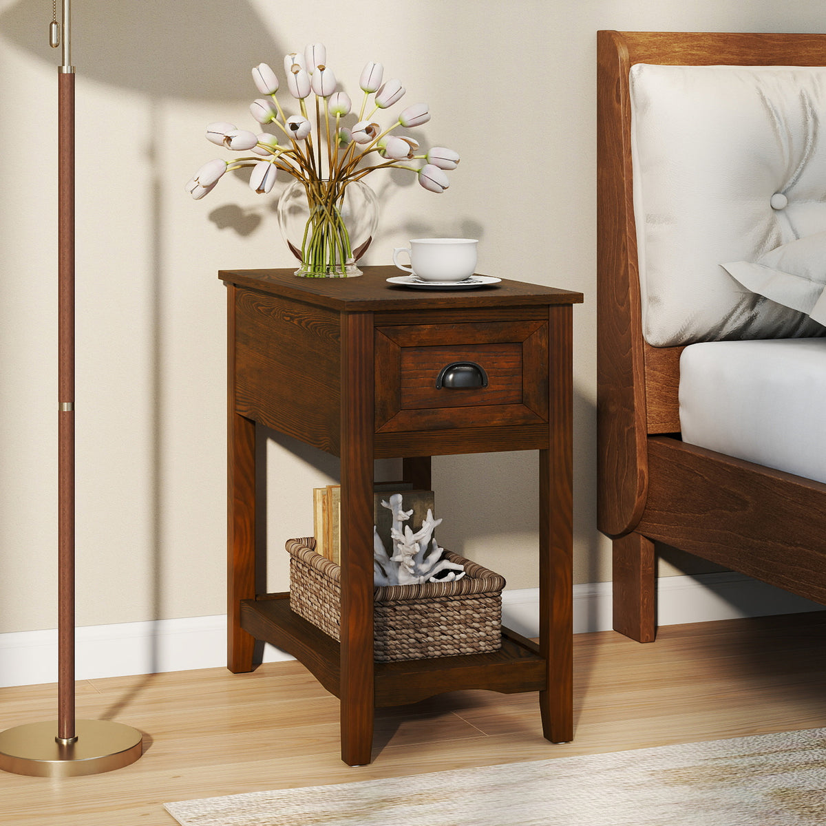 Contemporary Chair Side End Table Compact Table with Drawer Nightstand-Natural-End & Side Tables-DECOROLALA