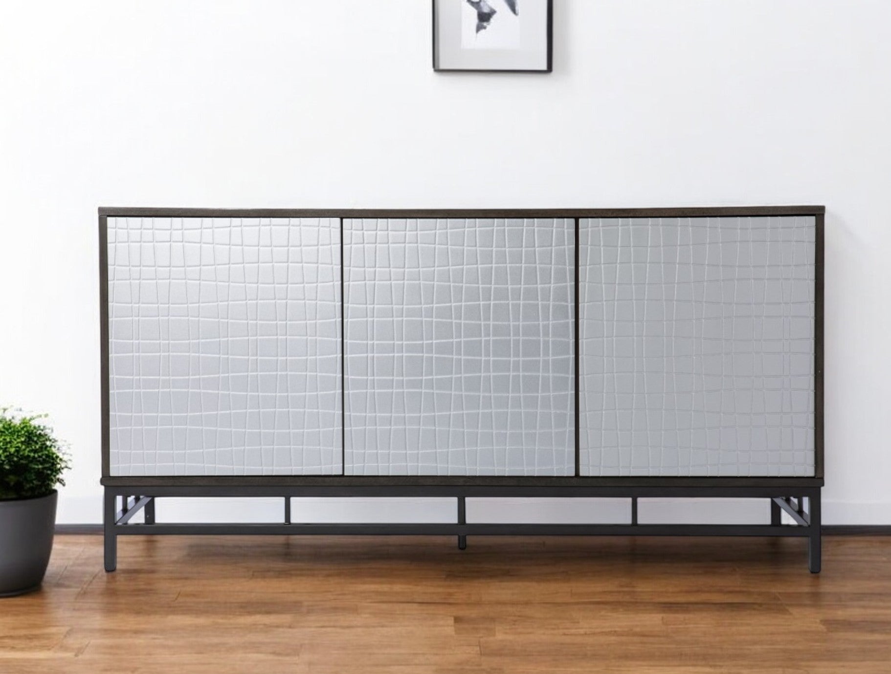 Contemporary Grid Lines Three Door Accent Cabinet-Sideboards-DECOROLALA
