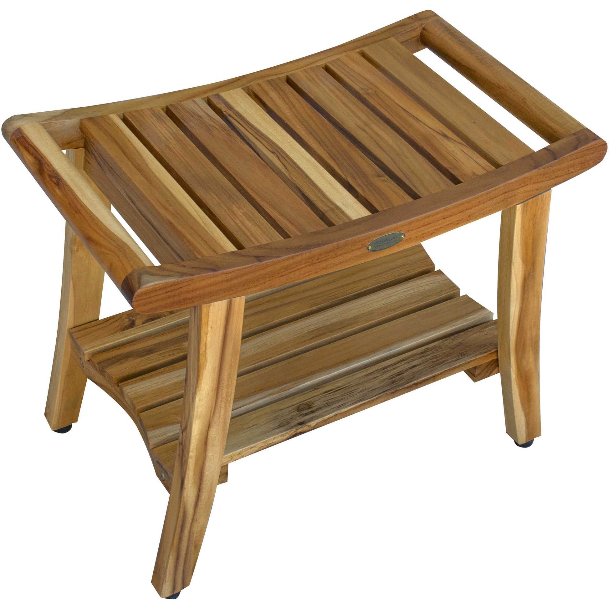 Contemporary Teak Shower Bench With Shelf In Natural Finish-Shower Benches-DECOROLALA