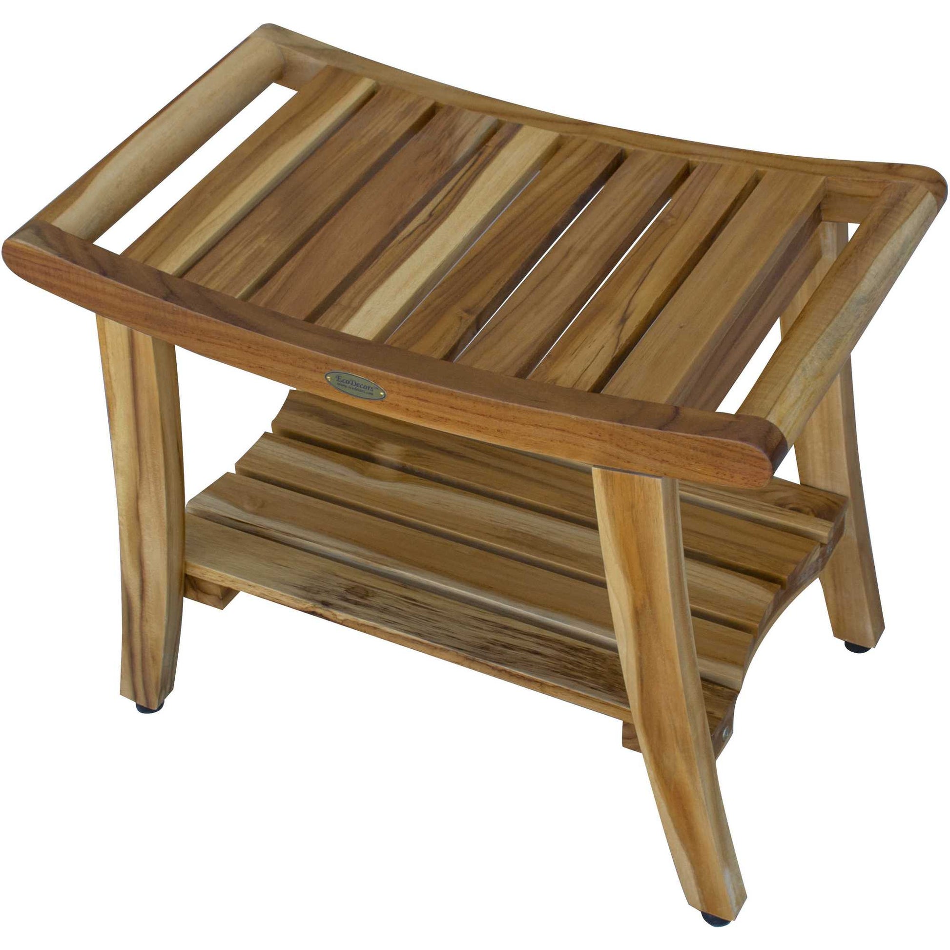 Contemporary Teak Shower Bench With Shelf In Natural Finish-Shower Benches-DECOROLALA