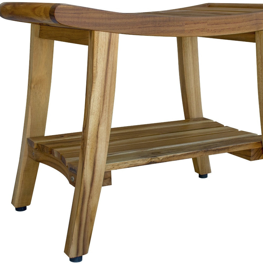 Contemporary Teak Shower Bench With Shelf In Natural Finish-Shower Benches-DECOROLALA