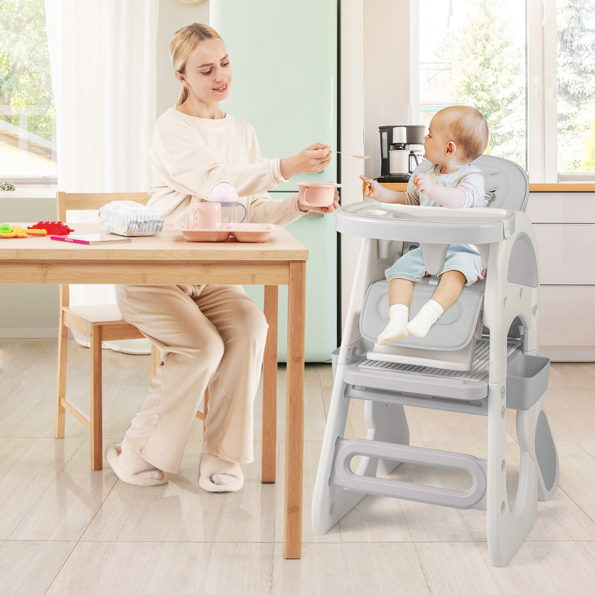 Convertible Baby High Chair with Double-layer Tray and Adjustable Backrest-Grey-High Chairs-DECOROLALA