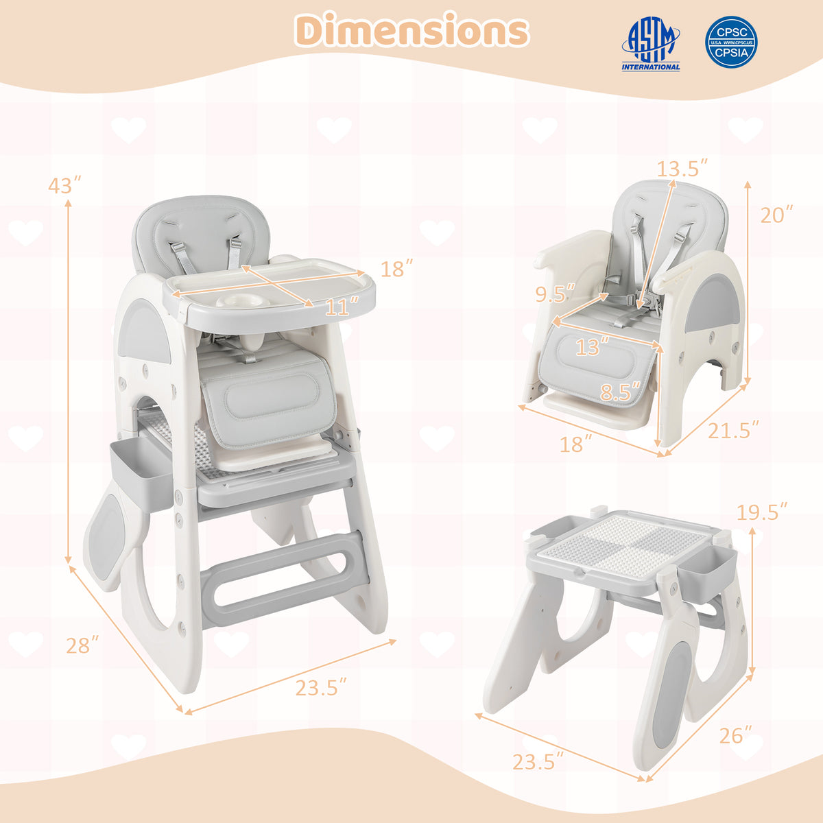 Convertible Baby High Chair with Double-layer Tray and Adjustable Backrest-Grey-High Chairs-DECOROLALA
