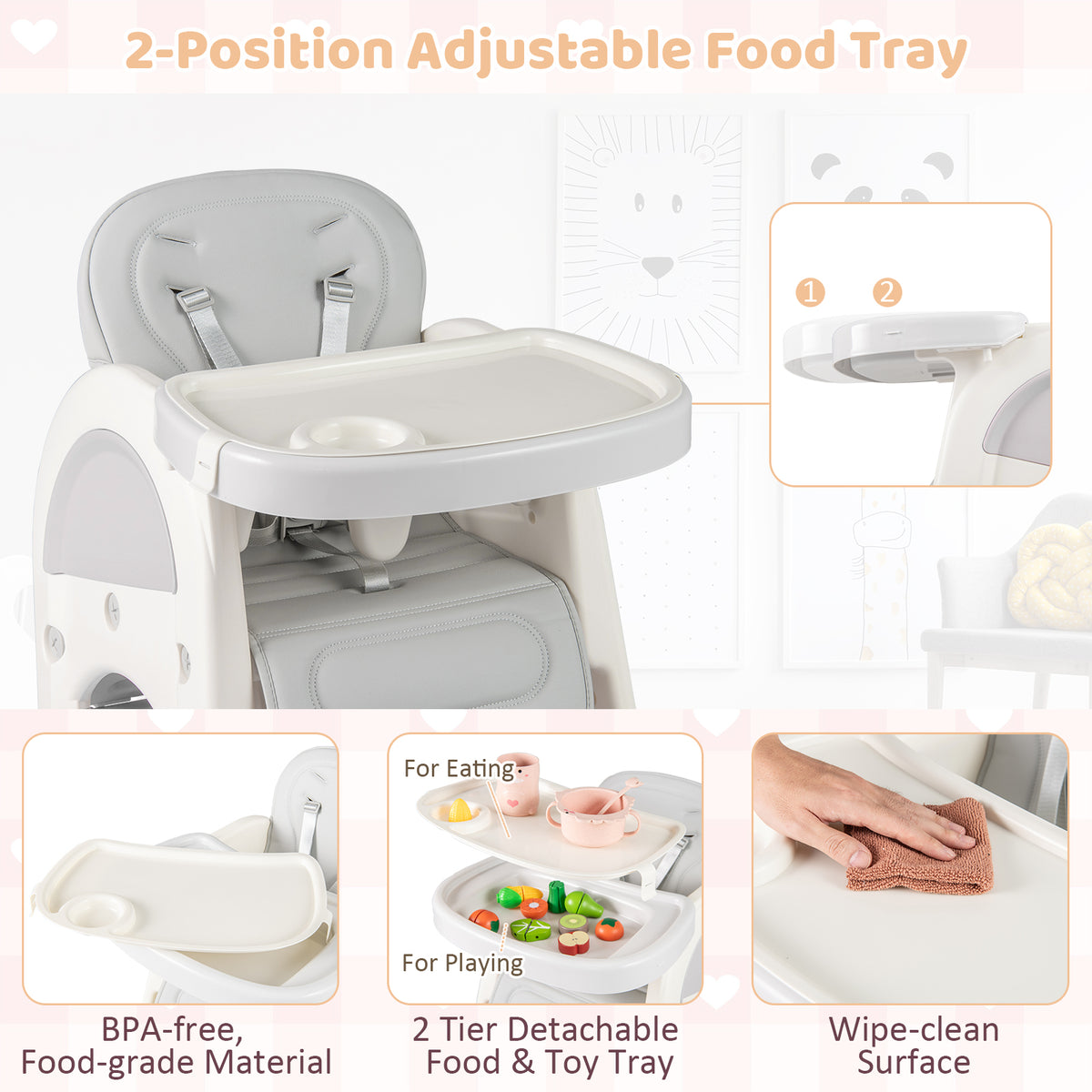 Convertible Baby High Chair with Double-layer Tray and Adjustable Backrest-Grey-High Chairs-DECOROLALA