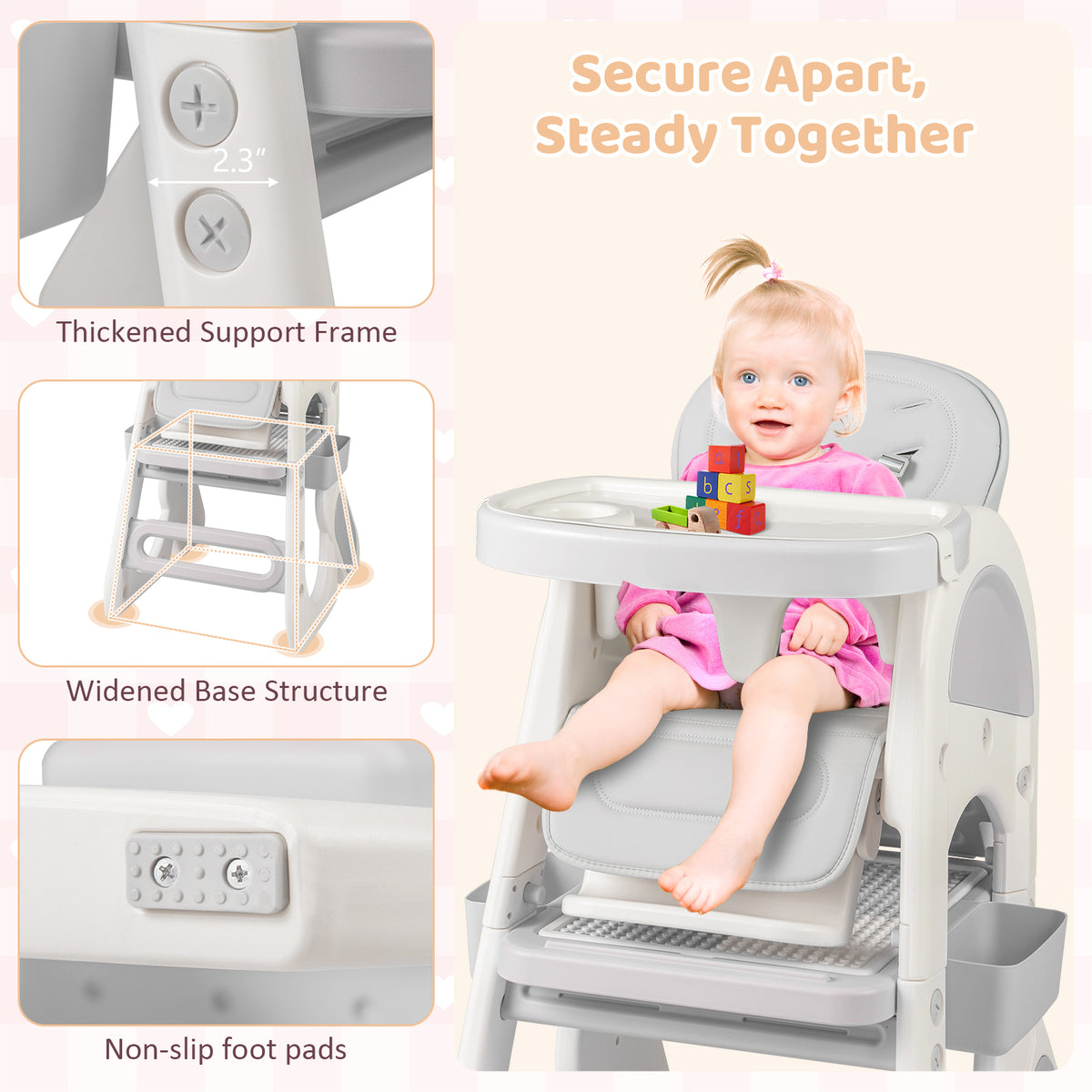 Convertible Baby High Chair with Double-layer Tray and Adjustable Backrest-Grey-High Chairs-DECOROLALA