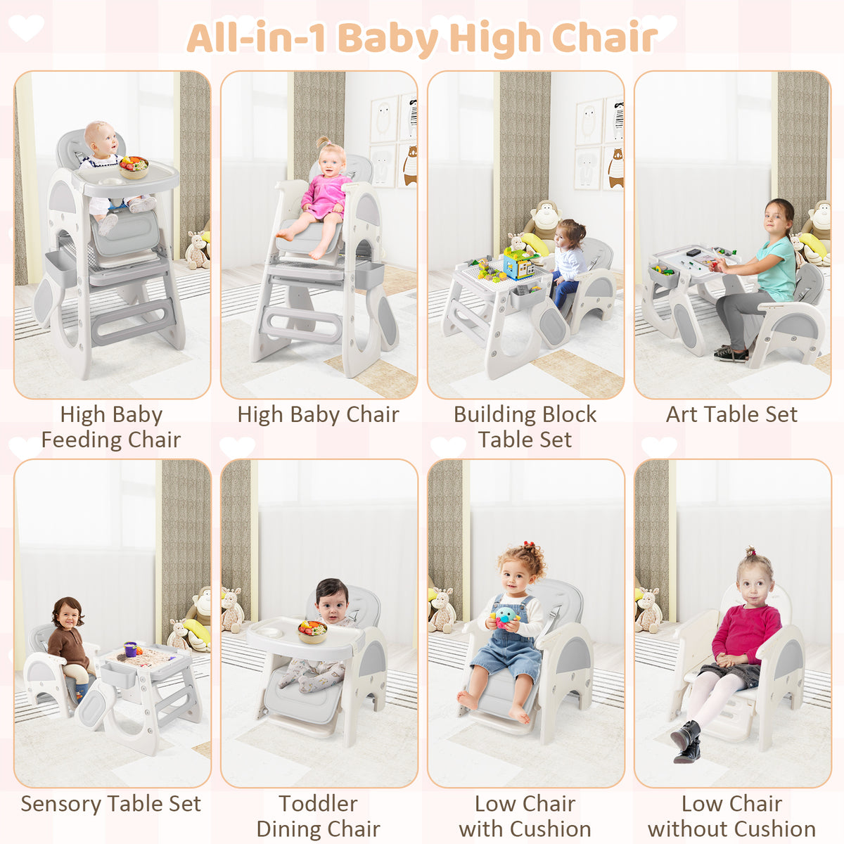 Convertible Baby High Chair with Double-layer Tray and Adjustable Backrest-Grey-High Chairs-DECOROLALA