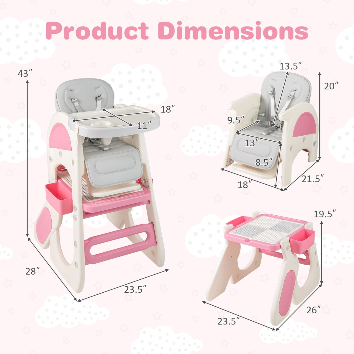 Convertible Baby High Chair with Double-layer Tray and Adjustable Backrest-Pink-High Chairs-DECOROLALA