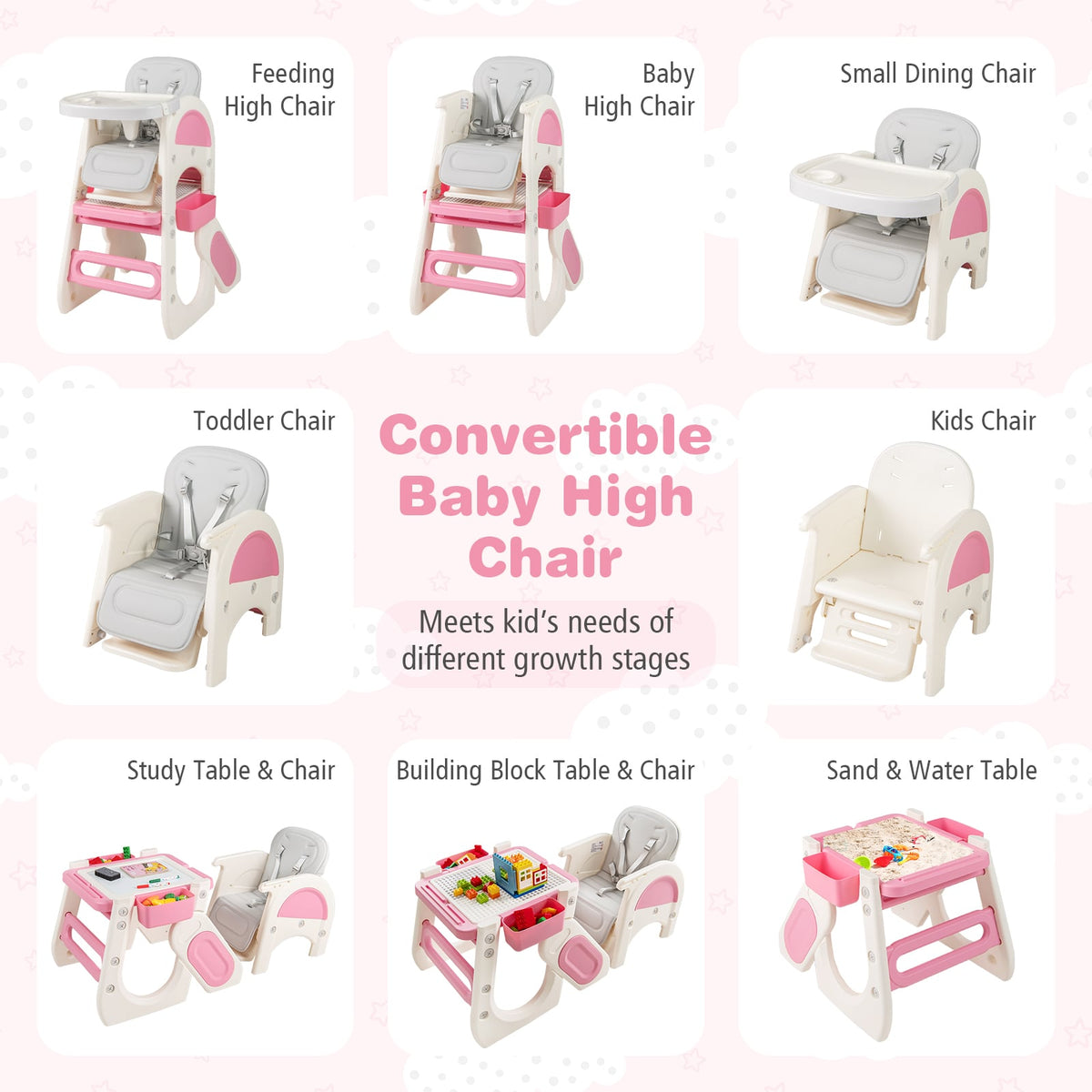 Convertible Baby High Chair with Double-layer Tray and Adjustable Backrest-Pink-High Chairs-DECOROLALA