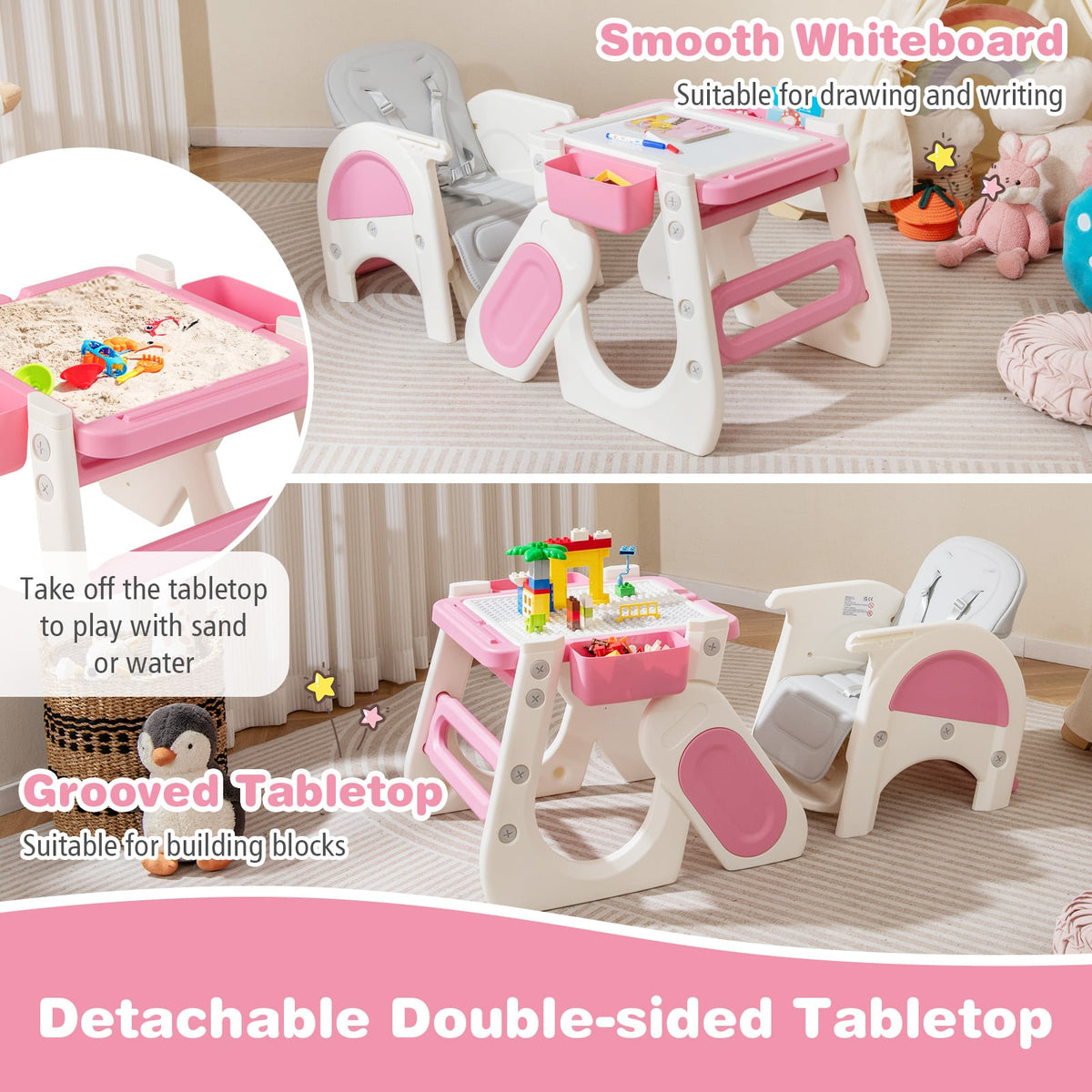 Convertible Baby High Chair with Double-layer Tray and Adjustable Backrest-Pink-High Chairs-DECOROLALA