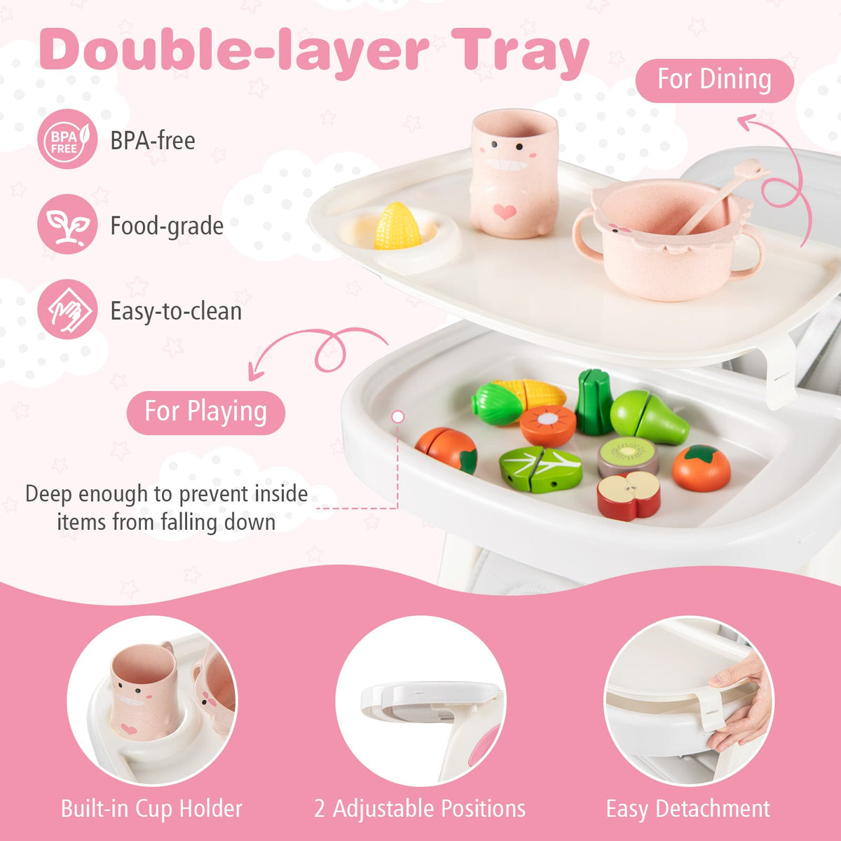 Convertible Baby High Chair with Double-layer Tray and Adjustable Backrest-Pink-High Chairs-DECOROLALA